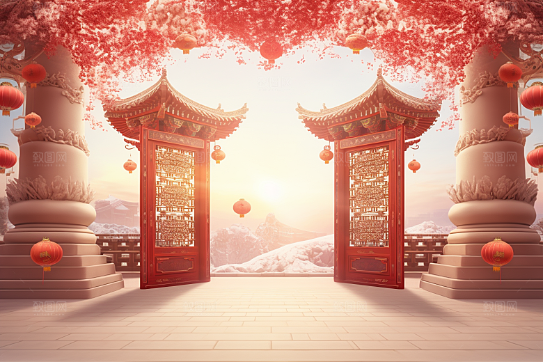 中式传统门楼直播促销背景图