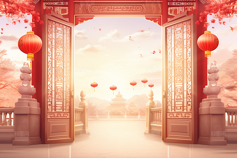 中式传统门楼开门红开业大吉背景图