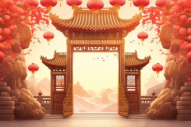 中式传统门楼开业大吉开业背景图