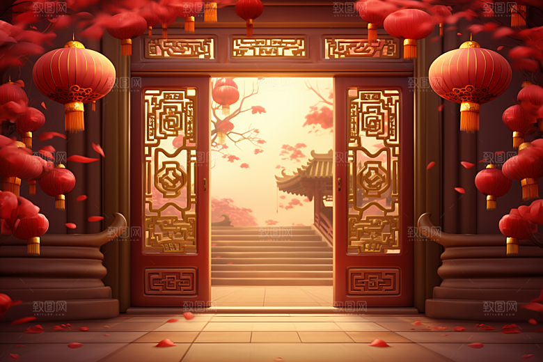 中式传统门楼开业喜庆背景图