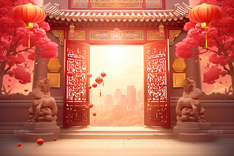 中式传统门楼火热中国风背景图