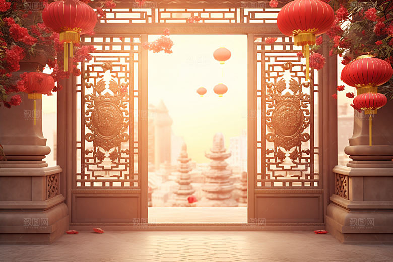 中式传统门楼开业大吉直播背景图