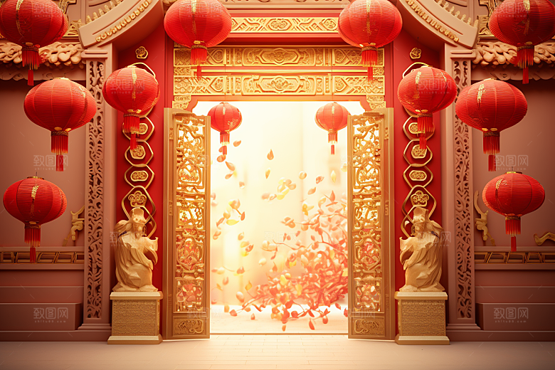 中式传统门楼开门红喜庆背景图