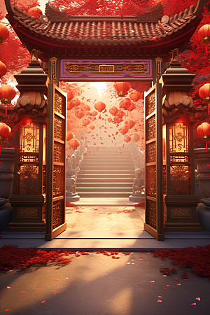 中式传统门楼促销国潮背景图