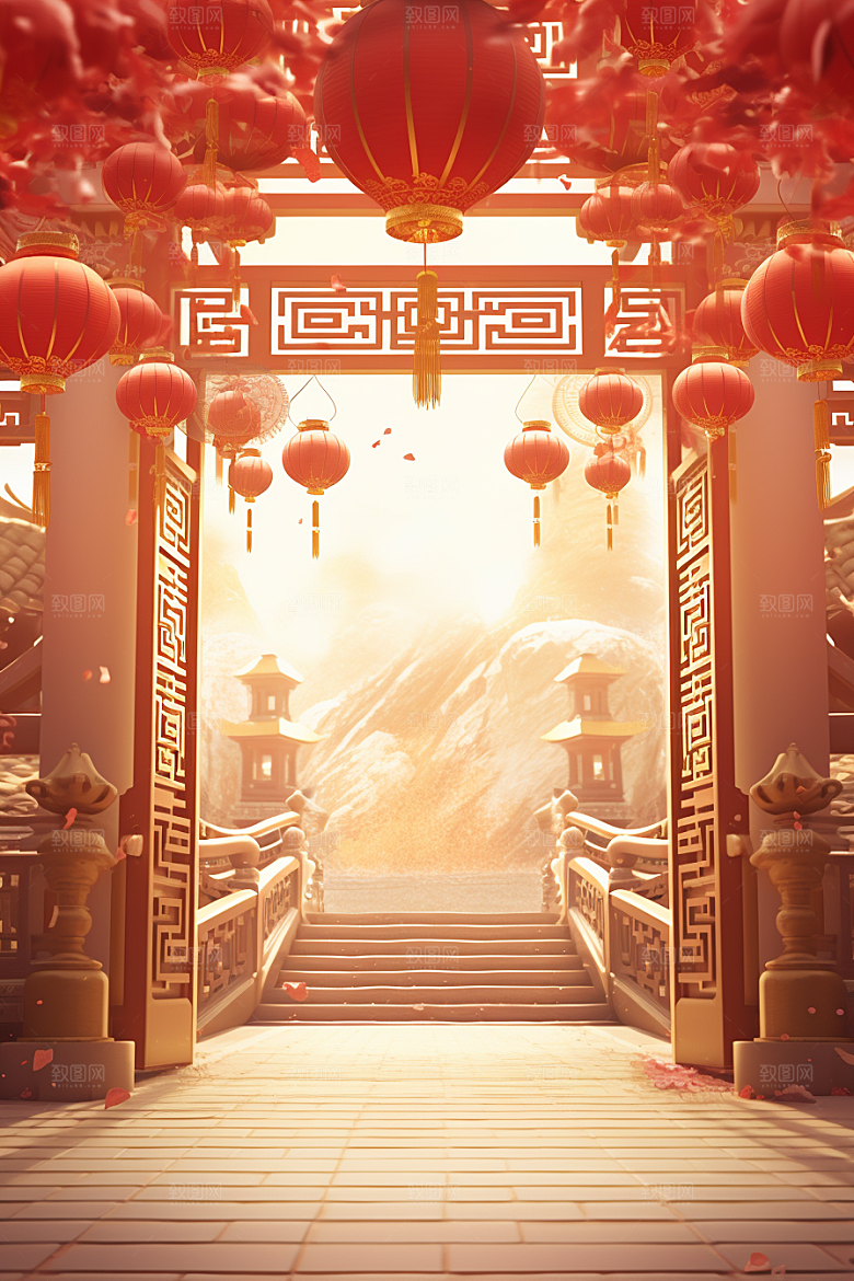 中式传统门楼开业喜庆背景图