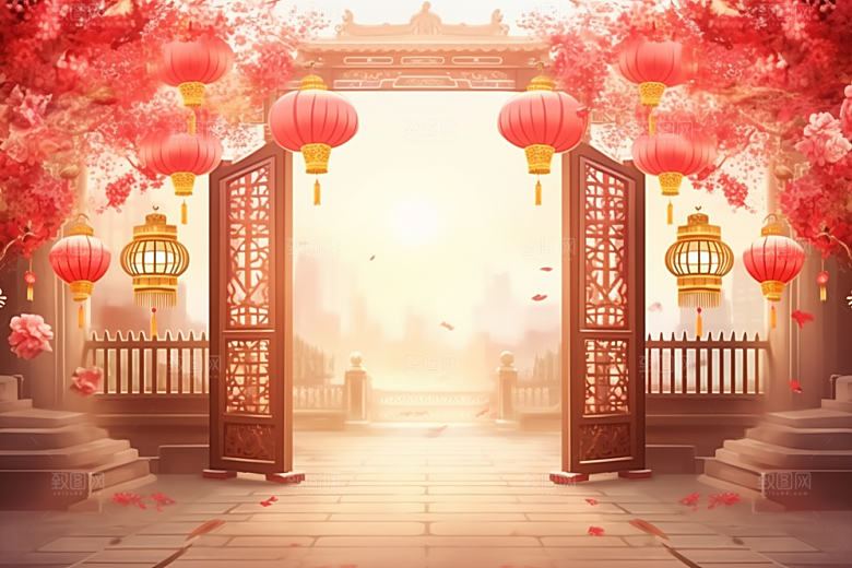 中式传统门楼热卖开门红背景图
