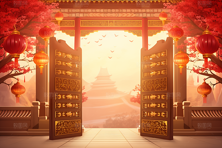 中式传统门楼国潮直播背景图
