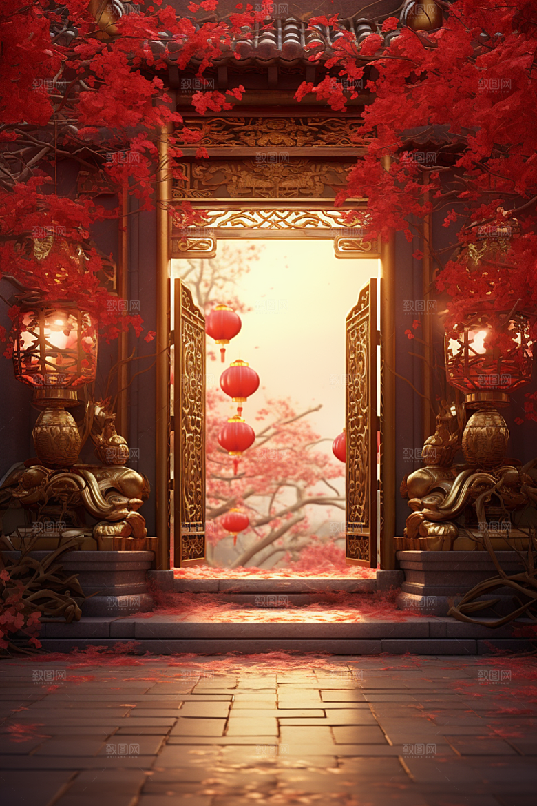 中式传统门楼开门红直播背景图