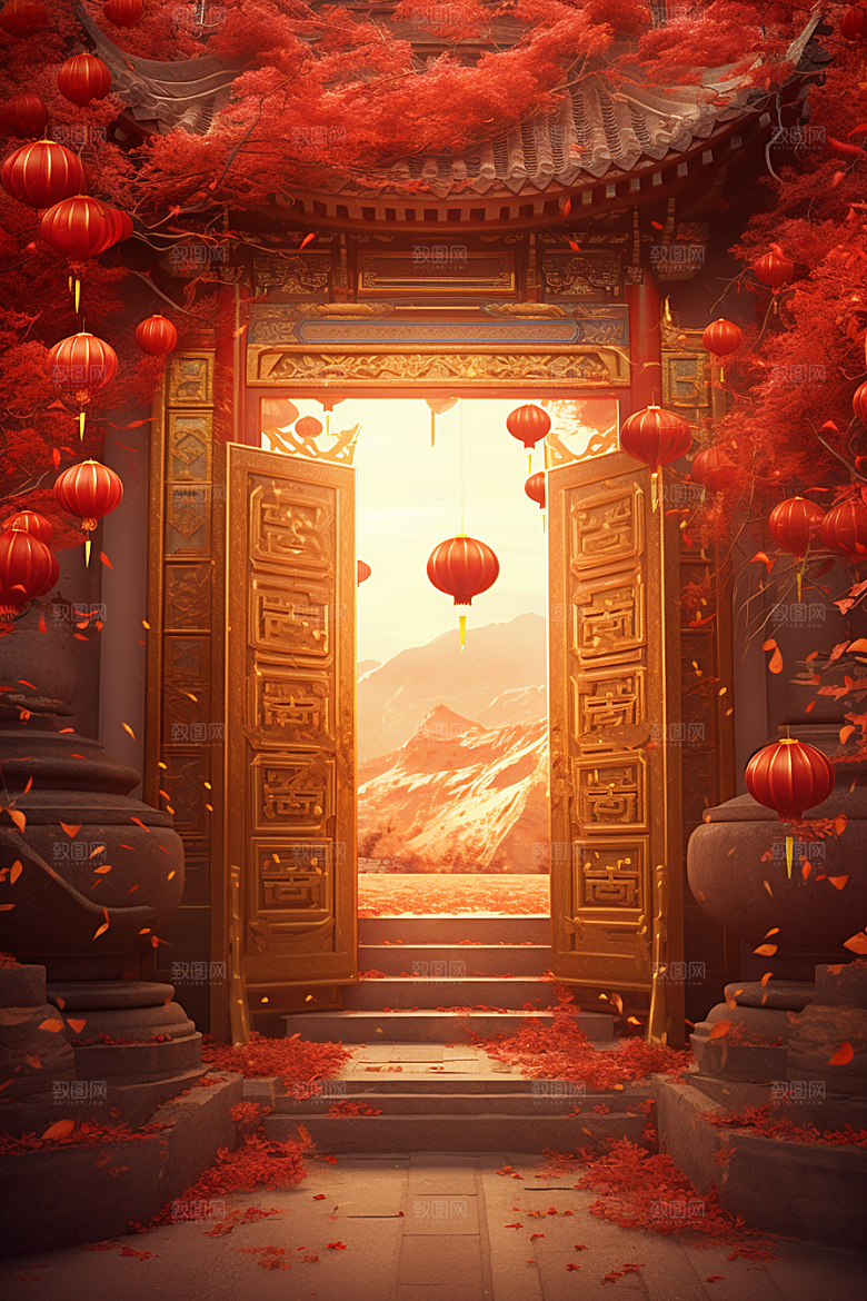 中式传统门楼开业大吉直播背景图