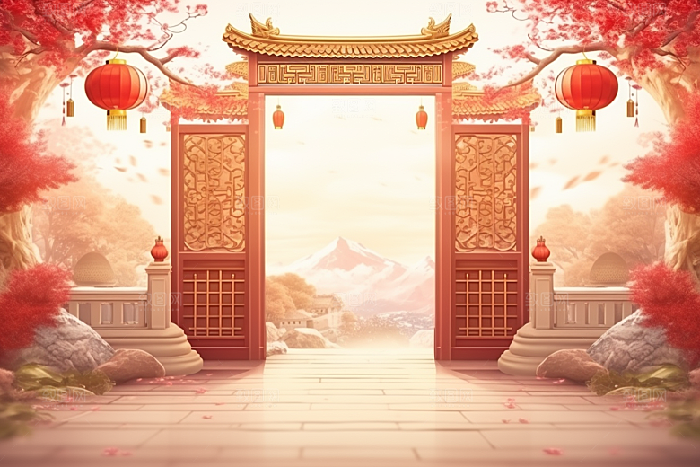 中式传统门楼直播开门红背景图