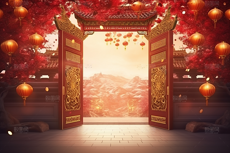 中式传统门楼促销火热背景图