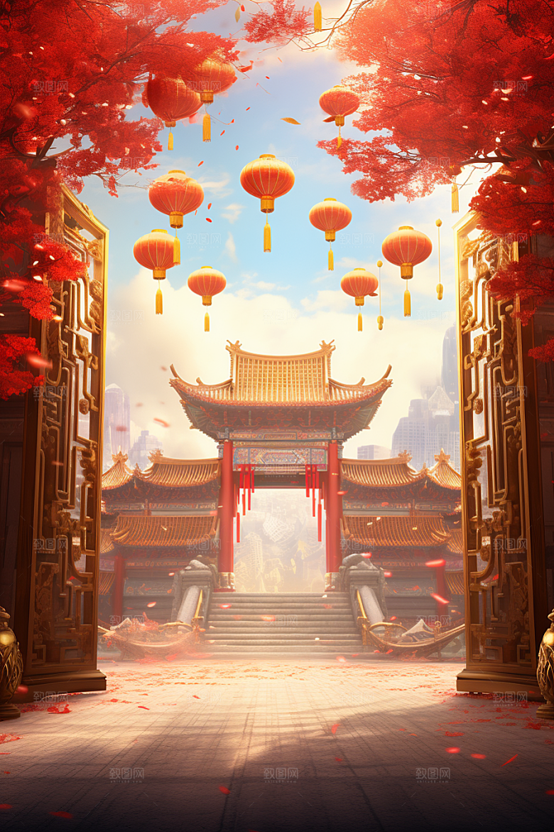 中式传统门楼火热促销背景图