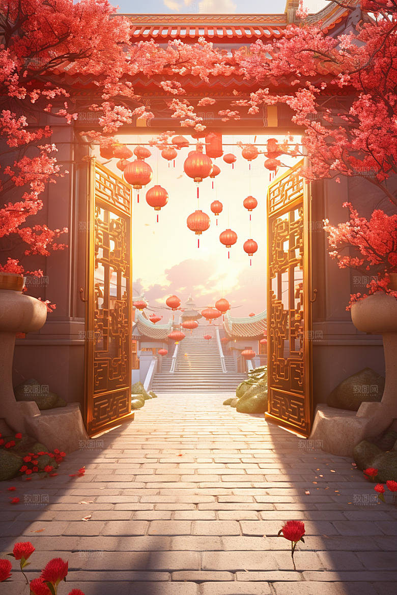 中式传统门楼热卖开业背景图