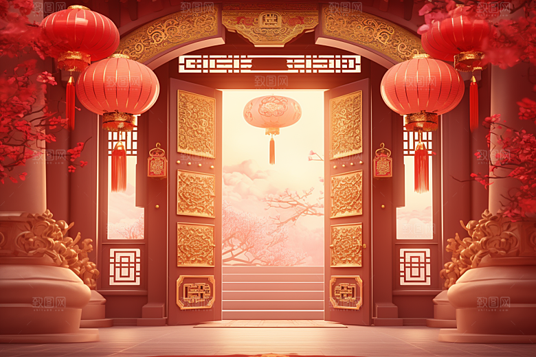 中式传统门楼开业促销背景图