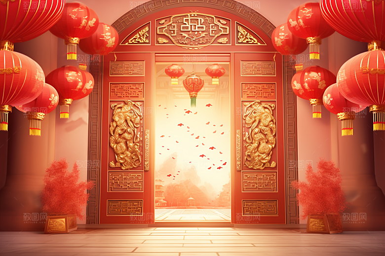 中式传统门楼开门红开业大吉背景图