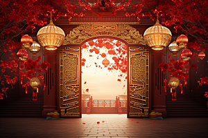 中式传统门楼开门红开业背景图