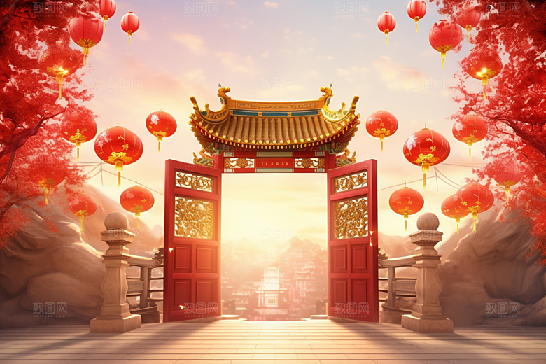 中式传统门楼直播促销背景图