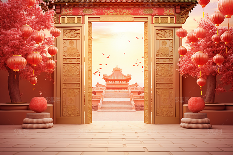 中式传统门楼开门红中国风背景图
