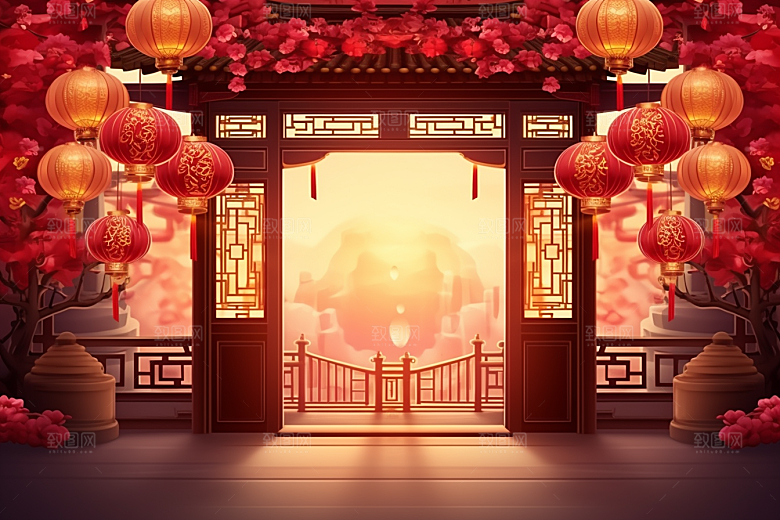 中式传统门楼开门红促销背景图