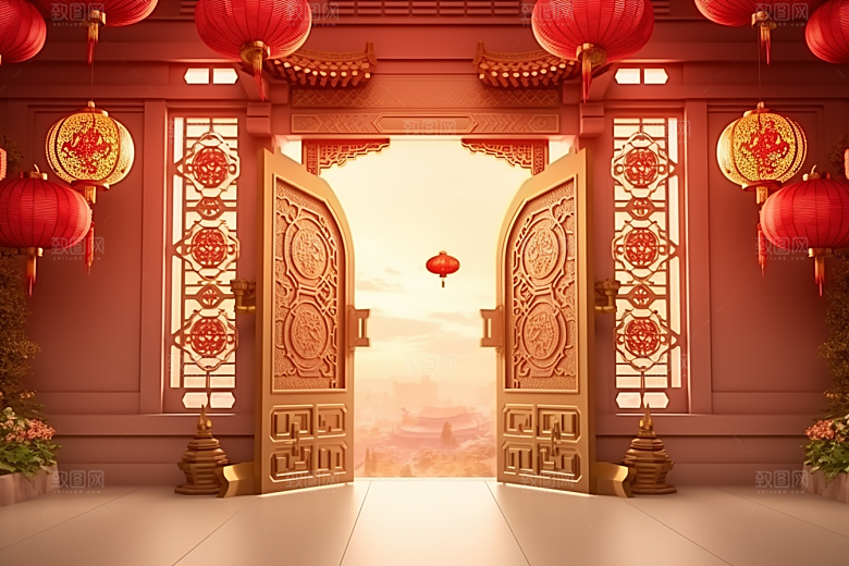 中式传统门楼直播国潮背景图