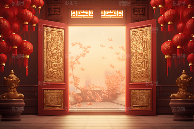 中式传统门楼开业开门红背景图