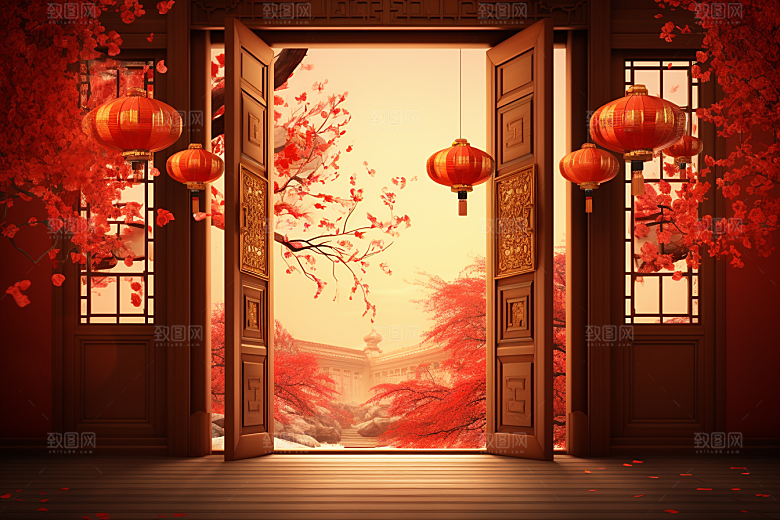 中式传统门楼喜庆开门红背景图