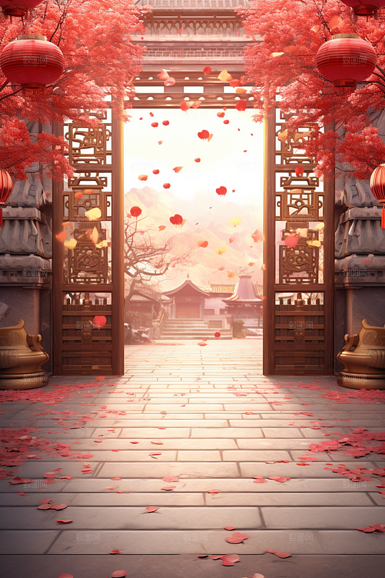 中式传统门楼开门红开业背景图