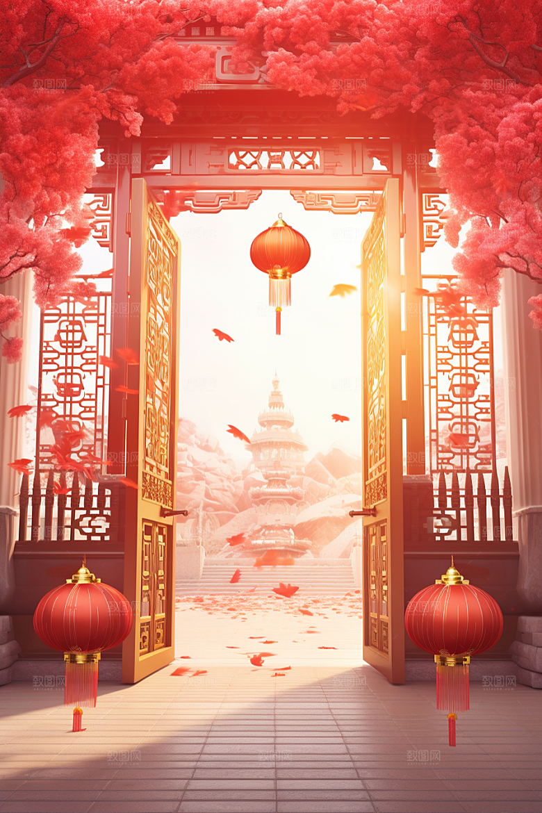 中式传统门楼开业喜庆背景图
