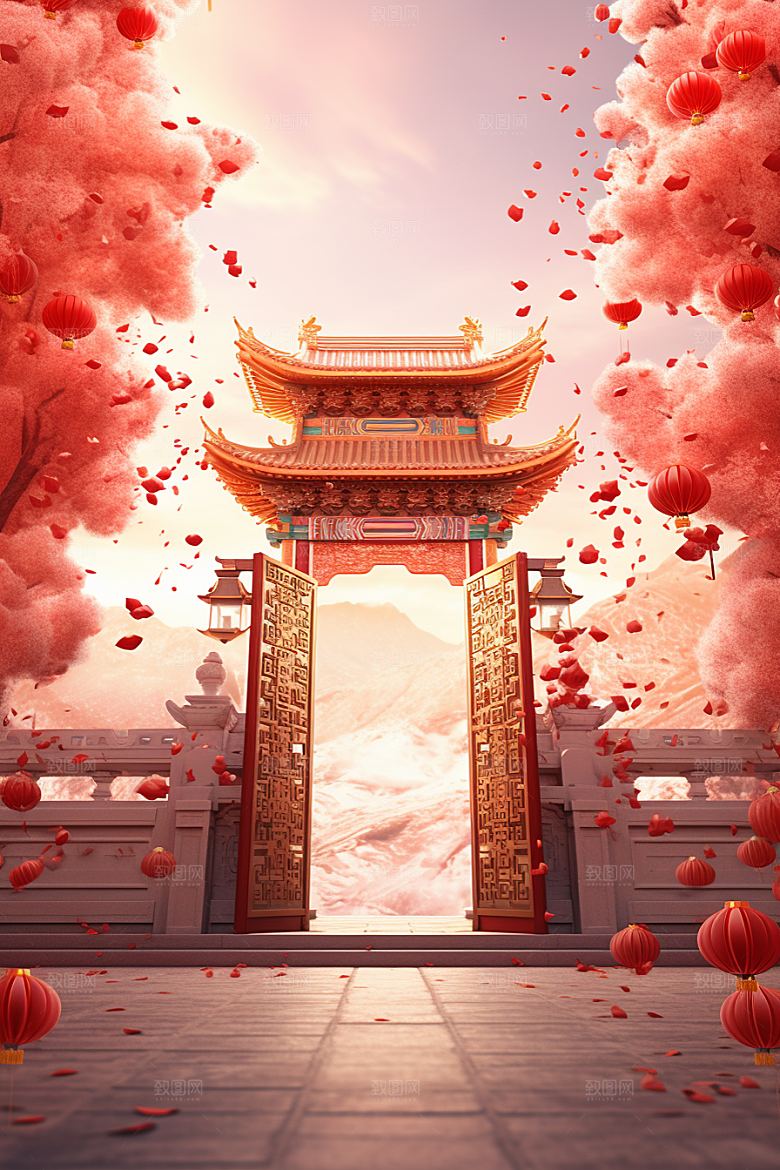 中式传统门楼中国风开门红背景图