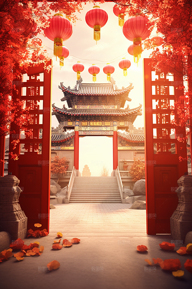 中式传统门楼国潮开业背景图