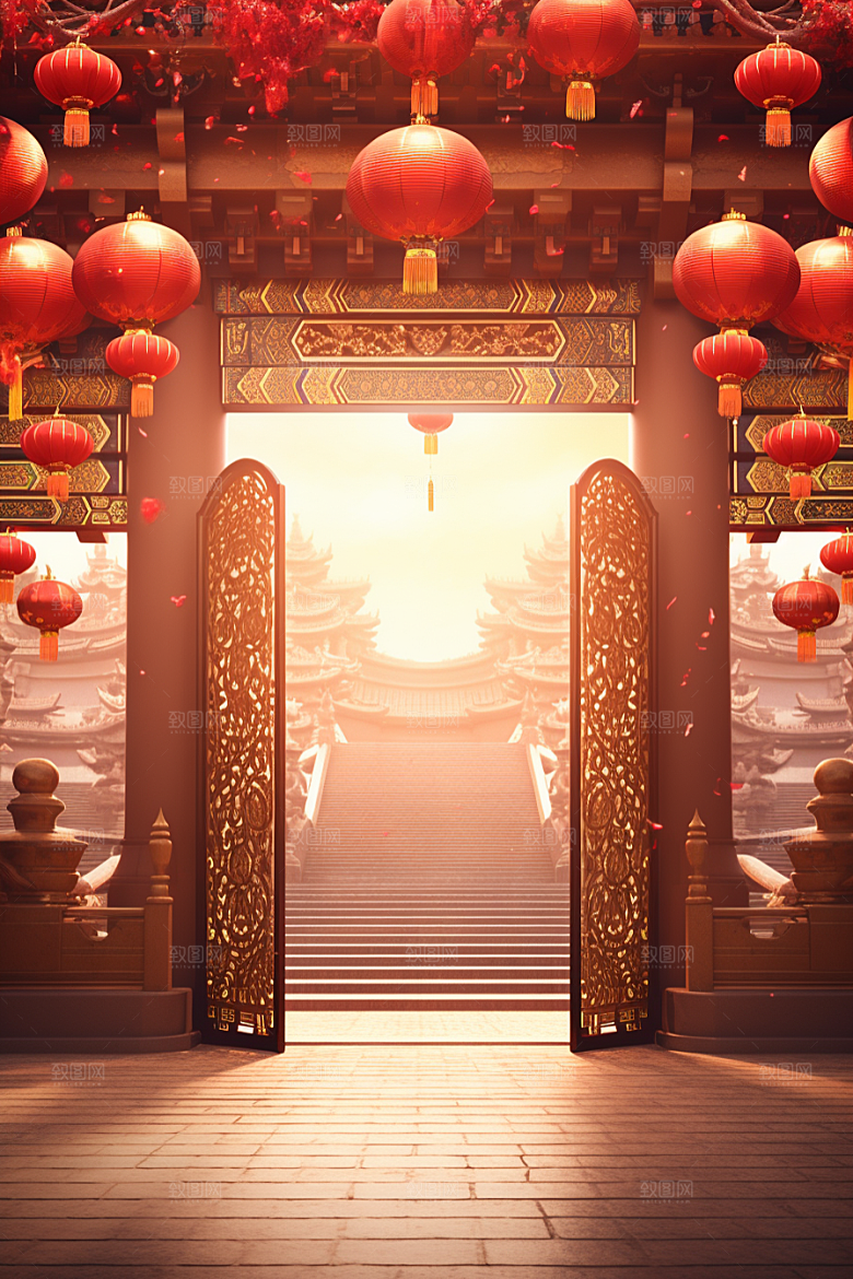 中式传统门楼开业大吉火热背景图