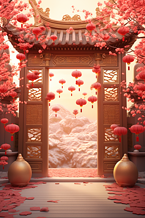 中式传统门楼直播促销背景图