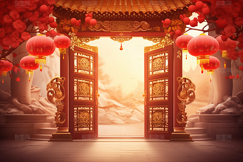 中式传统门楼热卖开门红背景图
