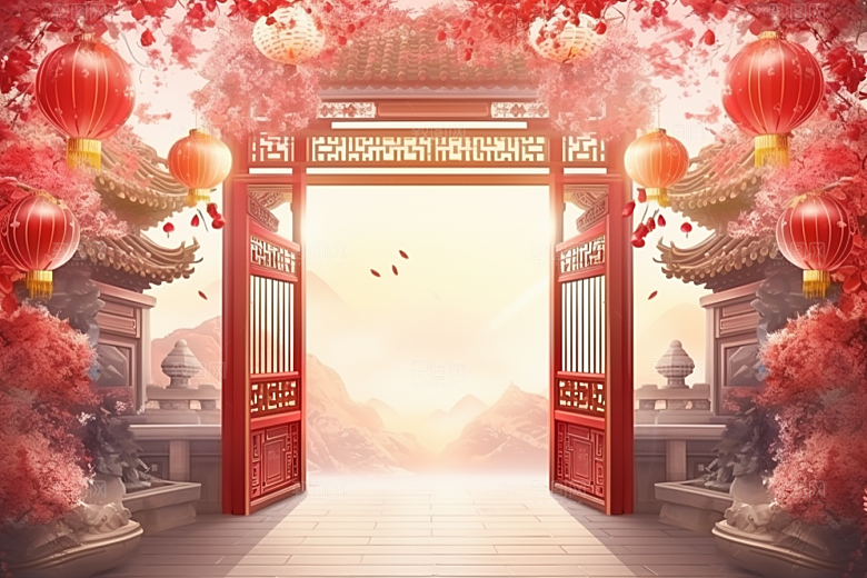 中式传统门楼国潮火热背景图