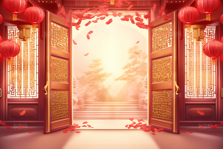 中式传统门楼促销开业大吉背景图