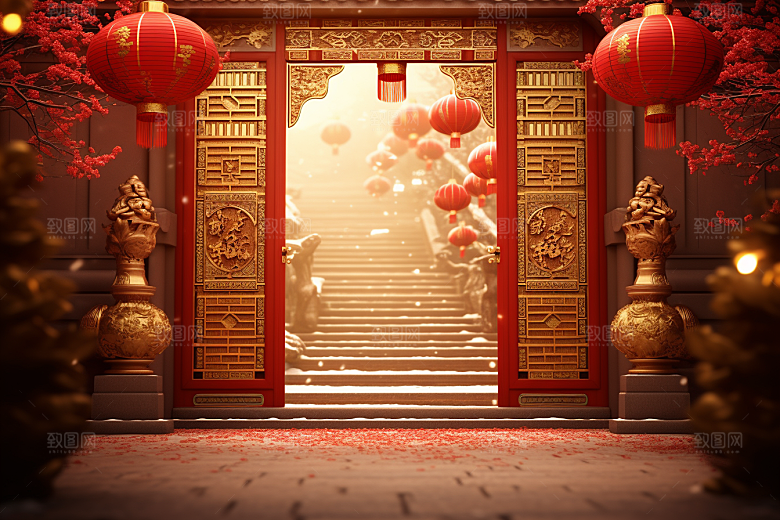 中式传统门楼喜庆促销背景图