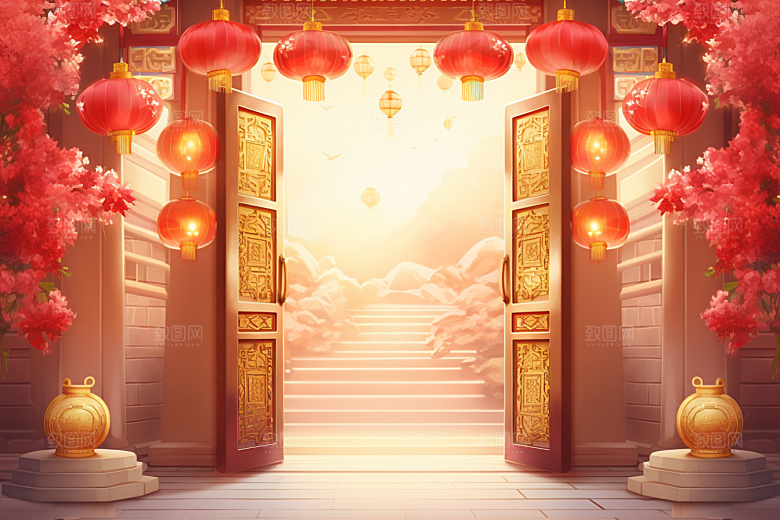中式传统门楼开门红开业大吉背景图