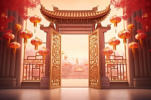 中式传统门楼开业促销背景图