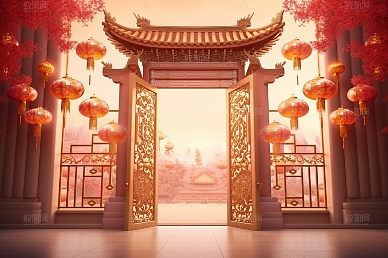 中式传统门楼开业促销背景图