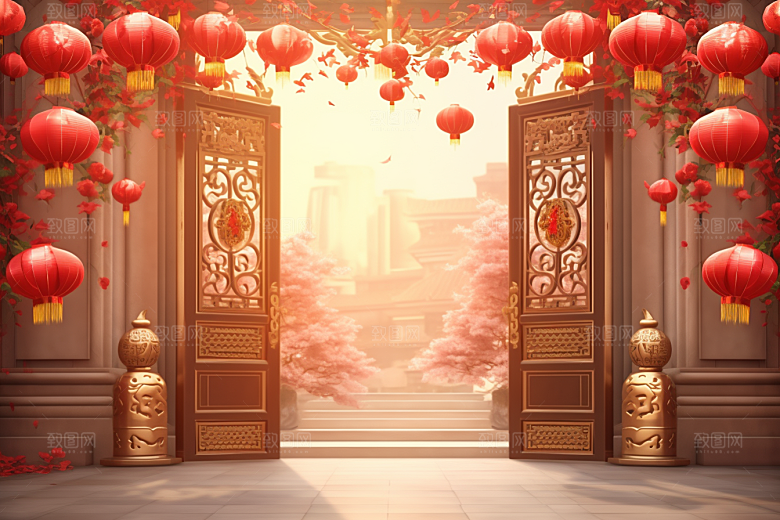 中式传统门楼中国风促销背景图