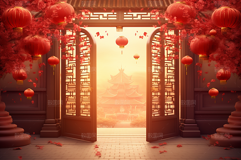 中式传统门楼促销开业背景图