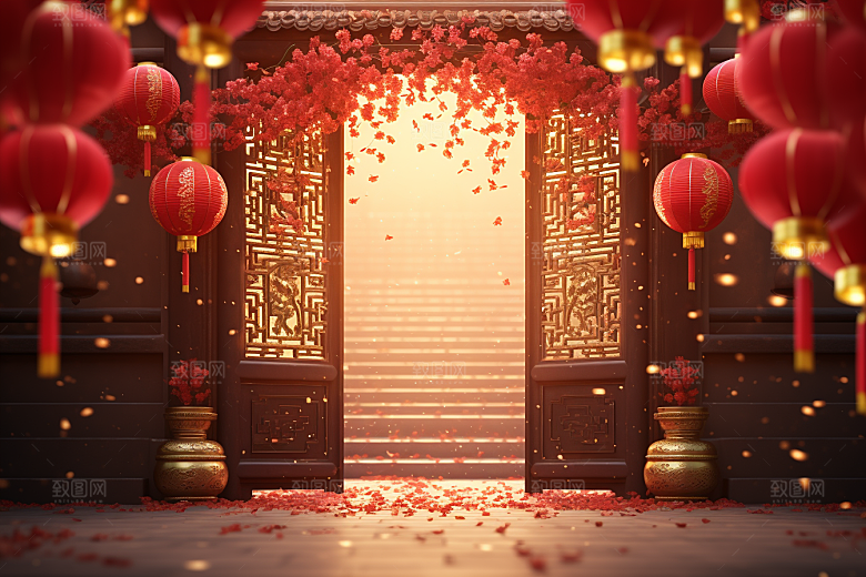 中式传统门楼国潮促销背景图
