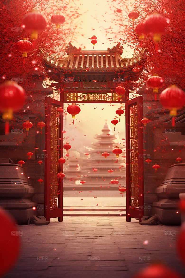 中式传统门楼国潮喜庆背景图