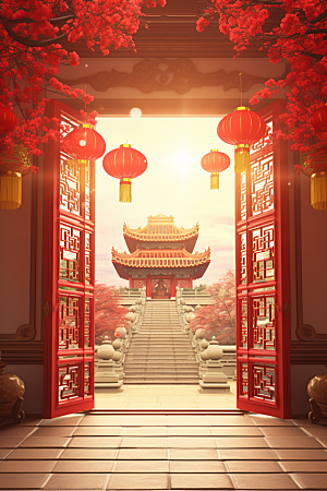 中式传统门楼火热开业大吉背景图