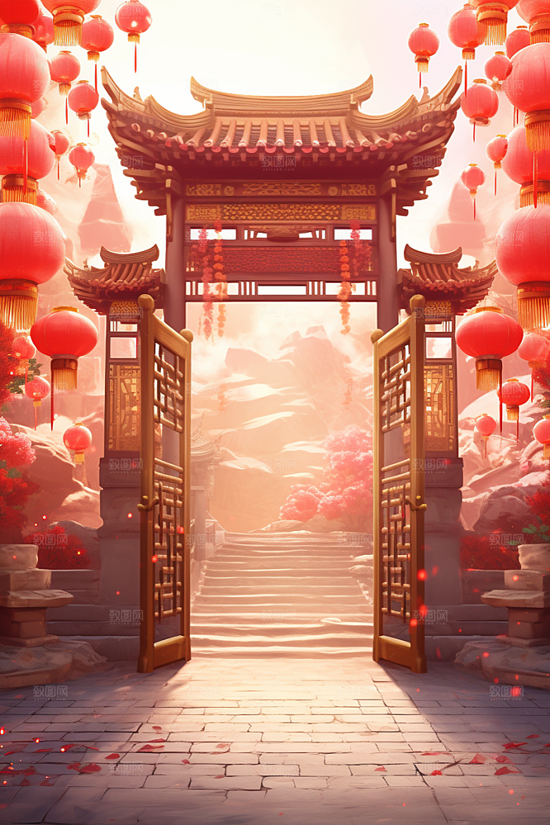 中式传统门楼中国风火热背景图