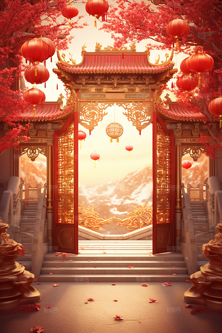 中式传统门楼喜庆促销背景图