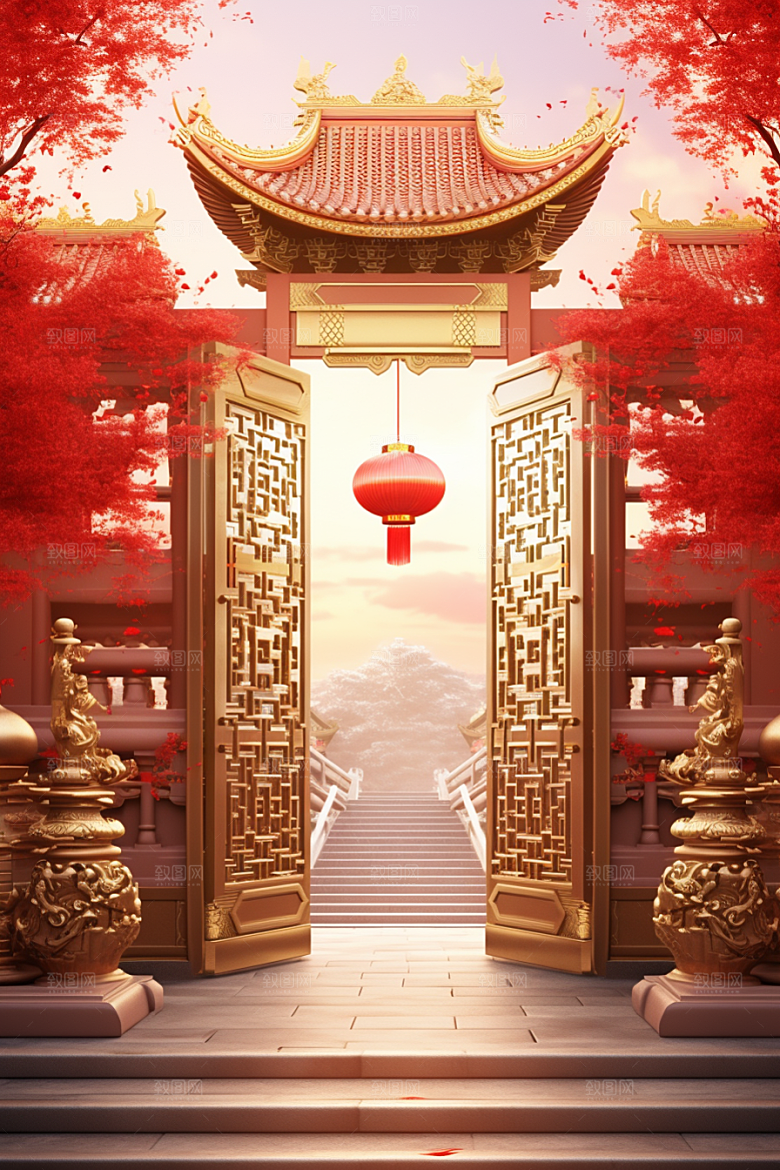 中式传统门楼开业火热背景图