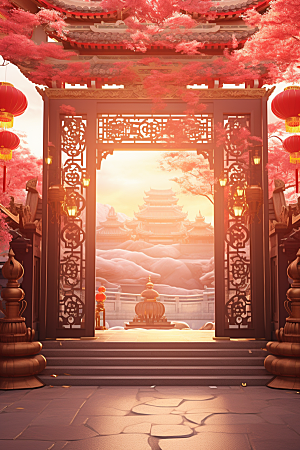 中式传统门楼开门红开业大吉背景图