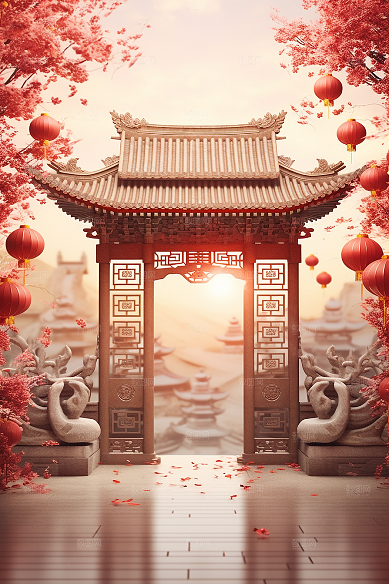中式传统门楼直播开门红背景图