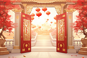 中式传统门楼开门红喜庆背景图